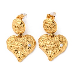 Golden 304 Stainless Steel Micro Pave Cubic Zirconia Dangle Stud Earrings, Textured Heart, Golden, 34x22mm