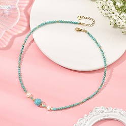 Synthetic Turquoise Synthetic Turquoise Round and Natural Cultured Freshwater Pearl Beaded Necklaces, Golden, 17.74 inch(45.05cm)