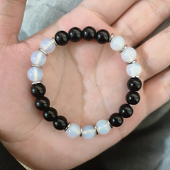 Смешанные камни Женские браслеты из круглых бусин опалита и стекла, натурального черного обсидиана, со сплавом, внутренний диаметр: 7-1/2 дюйм (19 см)