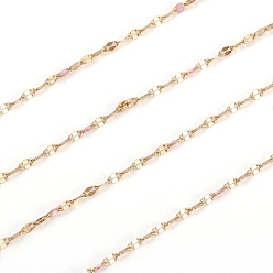 Pink Handmade 304 Stainless Steel Dapped Chains, Cable Chains, with Enamel and Spool, Soldered, Flat Oval, Long-Lasting Plated, Pink, 3x1.5x0.1~1mm, about 32.8 Feet(10m)/roll