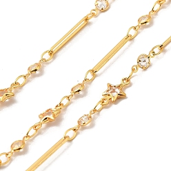 Real 18K Gold Plated Handmade Brass Link Chain, with Glass Links, Soldered, with Spool, Star, Real 18K Gold Plated, 3.5x2x0.1mm and 15x2.5x0.9mm and 8x3.5x1.5mm and 10x5.5x2.5mm, about 16.40 Feet(5m)/Roll