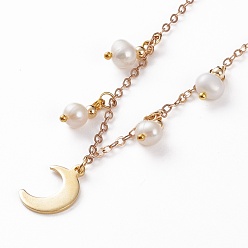 Golden Moon Pendant Necklaces, with Brass Cable Chains, Natural Pearl Charms, 304 Stainless Steel Lobster Claw Clasps & Charms, Golden, 19.48 inch(49.5cm)