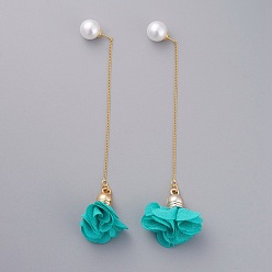 Turquoise Stud Earrings, with Cloth Pendant, Real 18K Gold Plated Brass Stud Earring Findings, Ear Threads and Acrylic Imitation Pearl Ear Nuts, Flower, Turquoise, 100mm, Pin: 0.6mm