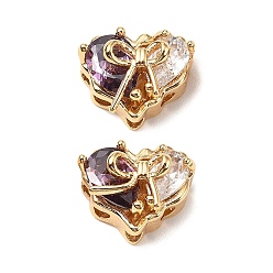 Индиго Латунные микро проложить кубического циркония бусы, без кадмия, без никеля и без свинца, сердце с бантом, реальный 18 k позолоченный, индиговые, 9.5x12x8 мм, отверстие : 1 мм