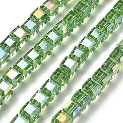 Зеленый лайм Стеклянные бусины с гальваническим покрытием , кубические, AB цвет, граненые, зеленый лайм, 7x7x7 мм, отверстие : 1.4 мм, около 99 шт / нитка, 27.44'' (69.7 см)
