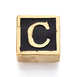 Letter C 304 Квадратные распорные планки из нержавеющей стали с черным эмалевым покрытием, 2-луночное, ионное покрытие (ip), реальный 18 k позолоченный, буква С, 12x12x6 мм, отверстие : 4.5 мм