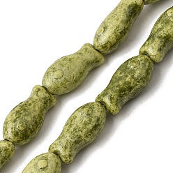 Yellow Green Vintage Handmade Porcelain Beads Strands, Fancy Antique Glazed Porcelain, Fish, Yellow Green, 18x9x7mm, Hole: 1.8mm, about 20pcs/strand, 14.37''(36.5cm)