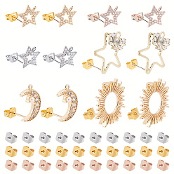 Mixed Color 12Pcs 6 Style Brass Micro Pave Clear Cubic Zirconia Stud Earring Findings, with Loop, with 60Pcs Iron & Brass & 304 Stainless Steel Ear Nuts, Star & Moon & Sun, Mixed Color, 10.5~19.5x10~18mm, Hole: 0.8~1.8mm, Pin: 0.7~0.8mm, 2pcs/style