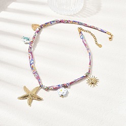 Золотой 304 Женские ожерелья с подвеской в виде морской звезды, солнца, сердца и керамической рыбы-цветка из полиэстерового шнура с принтом, красочный, золотые, 17.91 дюйм (45.5 см)