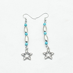 Звезда Серьги-подвески из цинкового сплава с синтетической бирюзой, серебряные, звезда