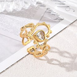 Heart 304 Stainless Steel Pave Cubic Zirconia Cuff Open Rings, Golden, Heart, 17mm, US Size 7(17.3mm)