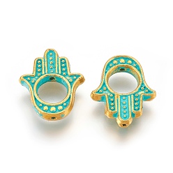 Золотой и Зелено-патиновый Рамка из сплава без кадмия и никеля и без свинца, долговечный, Хамса рука / рука Мириам, золотисто-зеленая патина, 14x13x2 мм, отверстие : 1 мм, внутренний диаметр: 5.7x5.3 мм
