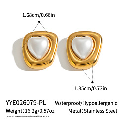 Heart 304 Stainless Steel with Pearl Stud Earrings for Women, Golden, Heart, 18.5x16.8mm