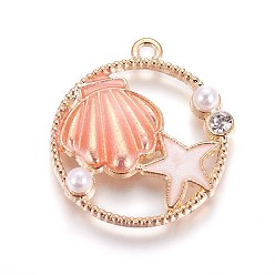 Licht Lachs Zink Legierung Anhänger & Charms, mit Emaille und Acrylperle, Ring mit Muschel & Sternfisch, Licht Gold, Licht Lachs, 28x25.5x5 mm, Bohrung: 1.8 mm