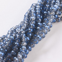 Blue Electroplate Glass Beads Strands, Faceted Rondelle, Blue, 4x3mm, Hole: 1mm, about 123~127pcs/strand, 16.5~16.9 inch(42~43cm)