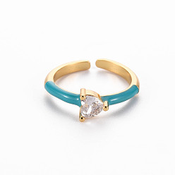 Dark Cyan Brass Enamel Cuff Rings, Open Rings, Solitaire Rings, with Clear Cubic Zirconia, Nickel Free, Heart, Golden, Dark Cyan, US Size 7(17.3mm)