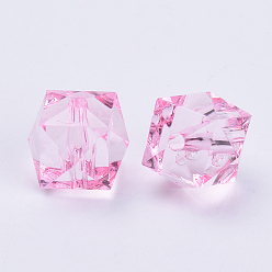 Pink Transparent Acrylic Beads, Faceted, Cube, Pink, 14x14x12mm, Hole: 2mm, about 330pcs/500g
