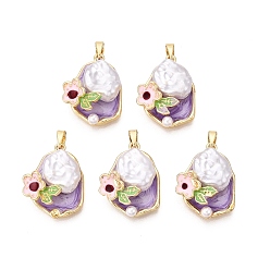Средний Фиолетовый Латунь эмаль подвески, подвески в виде слезинок и цветов, с ABS имитации жемчуга, реальный 18 k позолоченный, средне фиолетовый, 23x17.5x8~9 мм, отверстие : 5x2.5 мм