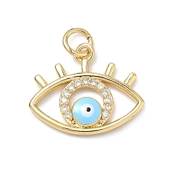 Светло-Голубой Латунные микро проложить кубического циркония подвески, с эмалью, Злые чары глаз, долговечный, стойки покрытие, без свинца и без кадмия, реальный 18 k позолоченный, Небесно-голубой, 15x18x3 мм, отверстие : 3 мм