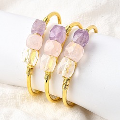 Смешанные камни Браслеты-манжеты из натурального розового кварца, аметиста и хрустального кварца для женщин, квадратный, с золотой медной проволокой, внутренний диаметр: 2-1/4x1-1/2 дюйм (5.55x3.8 см)