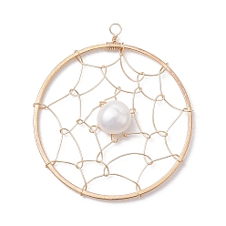 Golden Natural Cultured Freshwater Pearl Pendants, Flat Round Brass Web/Net Charms, Golden, 40x35.5x6mm, Hole: 2mm