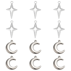 Stainless Steel Color 12Pcs 2 Style 304 Stainless Steel Pendants, Moon & Star, Stainless Steel Color, 22~27.5x17x2.5~4mm, Hole: 1.2~2.2mm, 6pcs/style