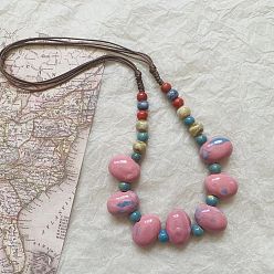 Pink Овальные фарфоровые бусины в этническом стиле с нагрудником и шнуром из искусственной кожи, розовые, 24.41 дюйм (62 см)