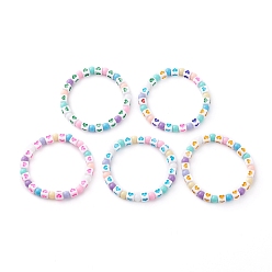 Mixed Color Stretch Kids Bracelets, with Opaque Cube with Heart & Round Acrylic Beads, Mixed Color, Inner Diameter: 1-3/4 inch(4.6cm)