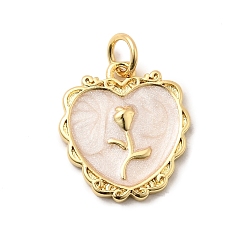 Желтая Старая Ткань  Латунь эмаль подвески, долговечный, без свинца и без кадмия, с целью перехода в кольце, сердце с розовым шармом, стойки покрытие, реальный 18 k позолоченный, старое кружево, 16x14.5x1.5 мм, отверстие : 3.5 мм