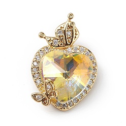 Light Goldenrod Yellow Real 18K Gold Plated Rack Plating Brass Micro Pave Clear Cubic Zirconia Pendants, with Glass, Long-Lasting Plated, Cadmium Free & Lead Free, Heart & Butterfly Charm, Light Goldenrod Yellow, 23x15x9mm, Hole: 5x2.5mm