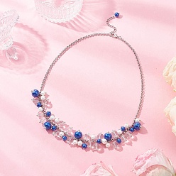 Синий Круглый нагрудник из стеклянных бусин 304 ожерелья из нержавеющей стали с цепочкой «роло», цвет нержавеющей стали, синие, 17.72 дюйм (45 см)