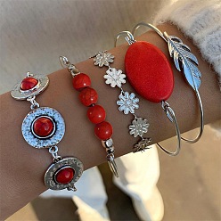 Античное Серебро 5шт 5 стили богемный стиль сплав браслеты, синтетическая бирюза украшения для женщин, античное серебро, 6-3/4 дюйм (17 см)