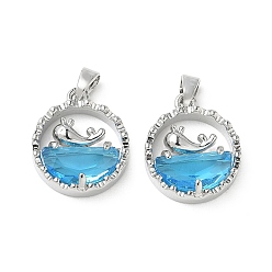 Platinum Brass Micro Pave Deep Sky Blue Cubic Zirconia Pendants, Long-Lasting Plated, Flat Round with Whale Charms, Platinum, 18x15x4.5mm, Hole: 4x2.7mm