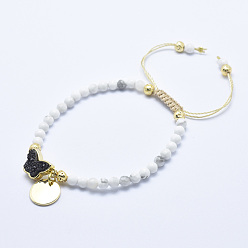 Howlite Natural Howlite Braided Bead Bracelets, with Electroplated Natural Lava Rock Beads, Druzy Crystal, Nylon Cord and Brass Findings, Flat Round & Butterfly, 2-1/8 inch(5.3cm)~3-1/8 inch(8cm)