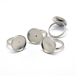 Stainless Steel Color Adjustable 304 Stainless Steel Finger Rings Components, Pad Ring Base Findings, Flat Round, Stainless Steel Color, Tray: 14mm, Size 7, 17mm