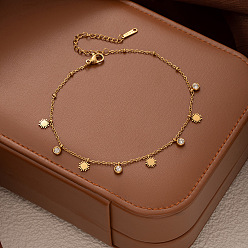 Солнце 304 Браслеты на лодыжку из нержавеющей стали с подвесками из прозрачных кубических цирконий для женщин, золотые, солнце, 8-1/4 дюйм (210 мм)