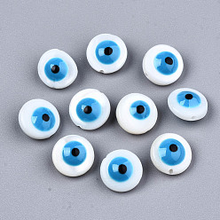 Deep Sky Blue Natural Freshwater Shell Beads, with Enamel, Enamelled Sequins, Flat Round with Evil Eye, Deep Sky Blue, 8x4.5mm, Hole: 0.8mm