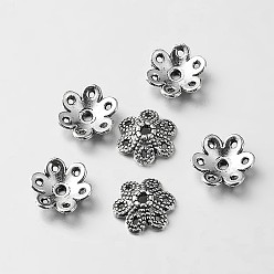 Античное Серебро Тибетский стиль цветка сплава шарик крышки, античное серебро, 9x2.5 мм, отверстие : 1 мм