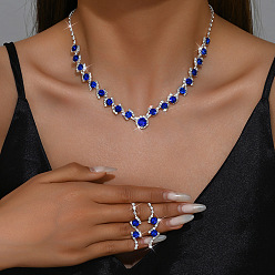 Капри Синий Комплект из плоской круглой латунной цепочки со стразами и серег-гвоздиков для женщин, Капри синий, 300 мм
