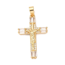 Прозрачный Латунные микро проложить кубического циркония подвески, подвески в виде креста-распятия, золотые, прозрачные, 33x21x5 мм, отверстие : 6x4 мм