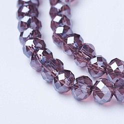 Old Rose Electroplate Glass Beads Strands, Pearl Luster Plated, Faceted, Rondelle, Old Rose, 10x8mm, Hole: 1mm, about 65~66pcs/strand, 20.8~21.2 inch(53~54cm)