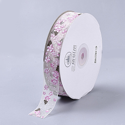 Misty Rose Flower Pattern Printed Polyester Organza Ribbons, Misty Rose, 1 inch(25mm), about 100yards/roll