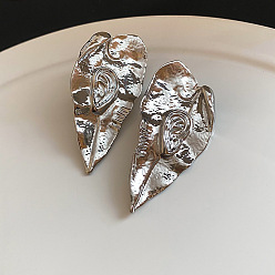 Silver Alloy Stud Earrings for Women, Leaf, Silver, 60x29mm