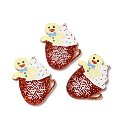 Gingerbread Man Рождественские полупрозрачные подвески из смолы, блестящие подвески для чашек для украшения рождественской вечеринки, Колобок, 46x38x2.5 мм, отверстие : 1.2 мм