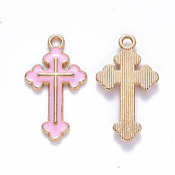 Pink Подвески из эмали и сплава, крестик, золотой свет, розовые, 25x14x2 мм, отверстие : 1.8 мм