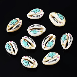 Turquoise Printed Natural Cowrie Shell Beads, No Hole, Elephant Pattern & Word Happy, Turquoise, 18~23x13~16x7~8mm