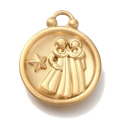 Близнецы Вакуумное покрытие pvd 304 подвески из нержавеющей стали, плоский круглый с шармом созвездий, реальный 18 k позолоченный, Близнецы, 20.5x16.5x2.5 мм, отверстие : 2~2.2 мм
