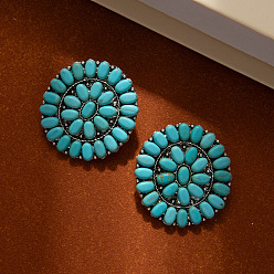 Oval Серьги-гвоздики из сплава и синтетической бирюзы в стиле бохо, античное серебро, овальные, 34x32 мм