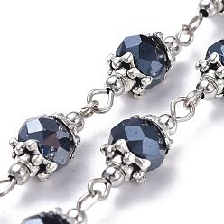 Черный Ручной цепи стекло бисером, с бусинами из сплава, железные бусины и железные проушины, несварные, чёрные, 39.37 дюйм (1 м), ссылка: 7.5x20.5 mm, 1 м / прядь