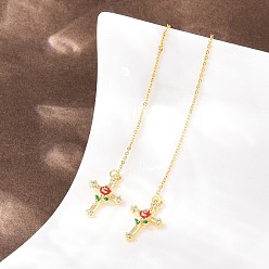 Золотой Серьга-крючок в виде креста с цветком, из латуни с прозрачными кубическими циркониями., с эмалью, стойки покрытие, долговечный, без свинца и без кадмия, золотые, 63.5x10.5 мм